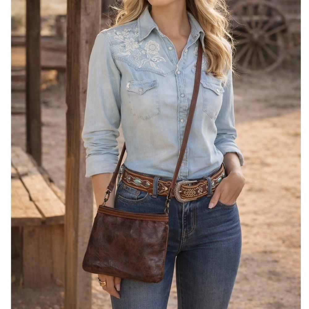 Catchfly Brown Distressed Leather Crossbody Bag Silver Zipper Turquoise Accents‎